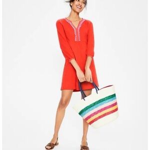 Boden Carina Red Pink Pom Pom Dress Size US 10R Fun Flirty 3/4 Sleeve